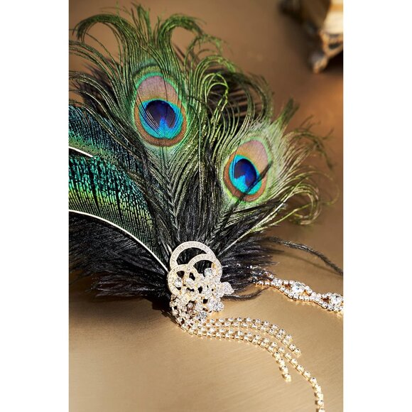 Flapper Headpiece Feather Crystal Beaded Headband 1920s Gatsby Party - Picture 3 of 4